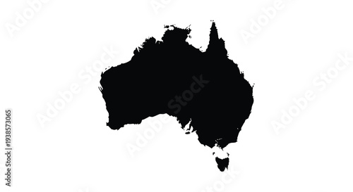 A stark black silhouette of the australian continent against a plain white background emphasizing its landmass silhouette high quality