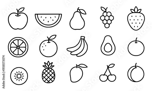 Icon set, fruit theme, with outline design