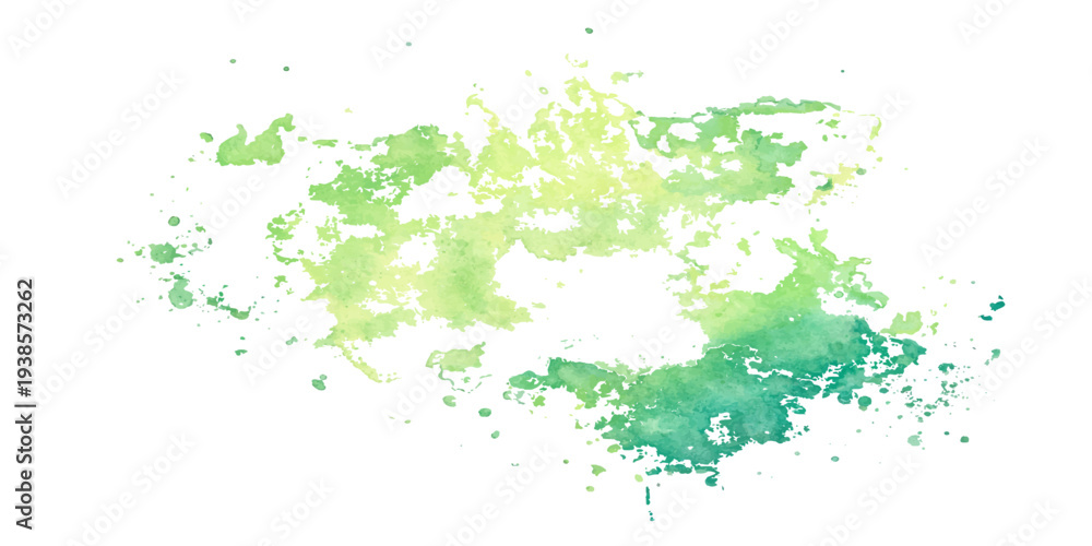 Obraz premium A grunge watercolor design featuring green paint and ink splashes with liquid splatters and stains on a white paper texture pattern for an artistic nature leaf wallpaper illustration