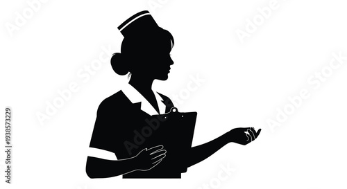 A striking black silhouette depicts a female nurse in uniform holding a clipboard showcasing healthcare professionals silhouette high quality