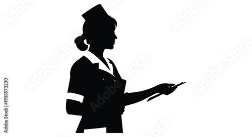 A striking black silhouette depicts a vintage airline stewardess holding a small card evoking mid century travel silhouette high quality