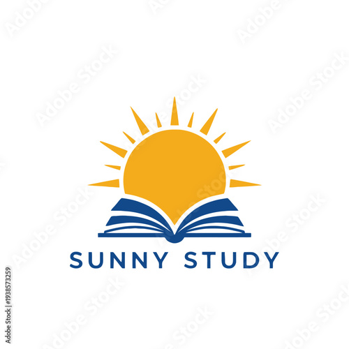 Sun rising from an open book icon logo for education tutoring or library services Sunny Study
