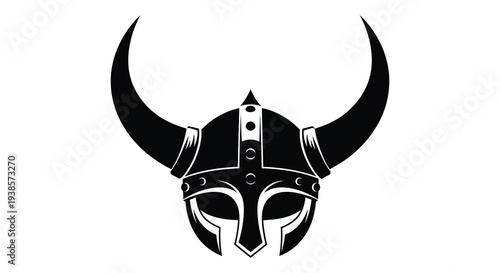 A striking black silhouette depicts a horned viking helmet evoking ancient nordic warriors and mythology silhouette high quality professional