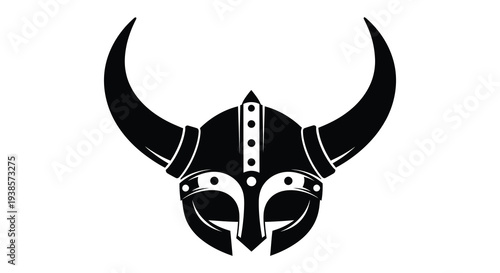 A striking black viking helmet design with large horns and detailed facial guard presented as a silhouette high quality