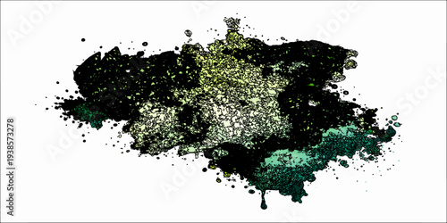 Abstract green and black grunge background vector featuring an artistic ink splash texture with paint spray splatters and a dirty paper pattern border decoration