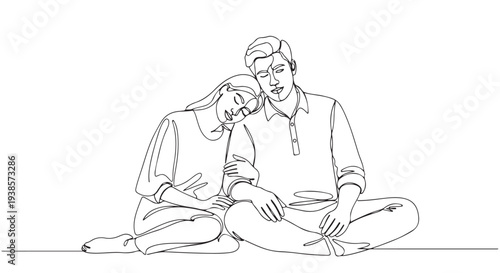 Continuous line art illustration of a loving couple embracing, depicting connection, affection, and togetherness in a minimalist style