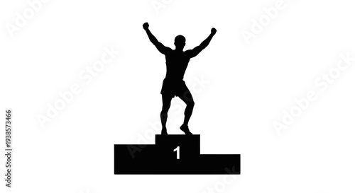 Silhouette of a Victorious Athlete Celebrating on a Podium with Hands Raised High Symbolizing Success Achievement and First Place Victory