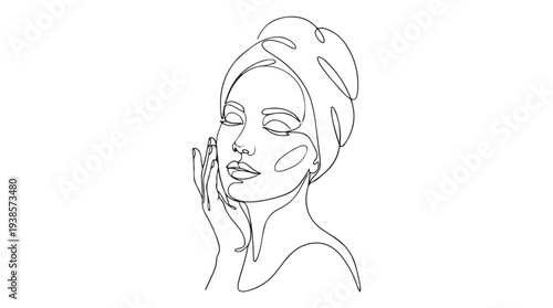 Elegant Woman with Wrapped Hair and Gentle Touch on Face - Minimalist Line Art Beauty Illustration