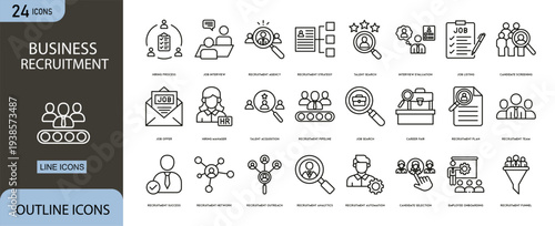Business recruitment icons set representing hiring process, job search, interview, resume review, candidate selection, HR management, employment opportunity and workforce development.