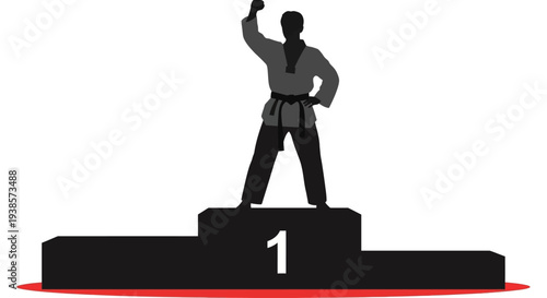 Karate Champion Silhouette on Top Podium Celebrating Victory in Martial Arts Competition