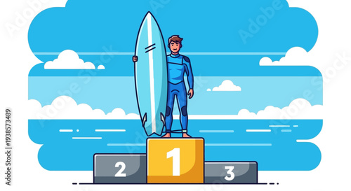 Surfer Standing on Podium Holding Surfboard Winner and Champion Concept