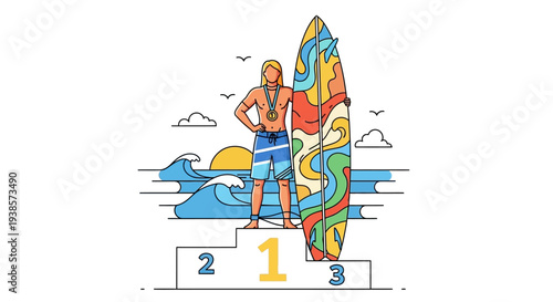 Surfer Standing on Podium with Surfboard and Medal Celebrating Victory at Competition