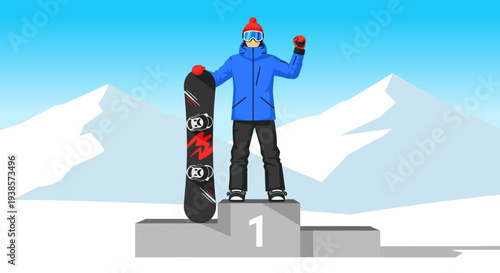 Snowboarder Wins Championship Celebrates Victory on Podium with Snowboard