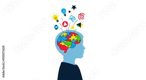 Human Head with Creative Thoughts and Ideas Emerging.