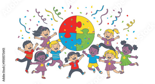 Diverse children celebrating autism awareness with puzzle piece symbol.