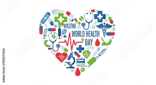 World Health Day graphic illustration with medical symbols and icons.