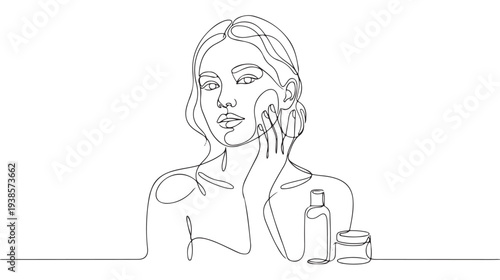 Elegant line art illustration of a woman applying skincare products, showcasing beauty and self-care routines with minimalist aesthetic