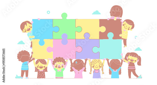 Children working together to assemble a colorful jigsaw puzzle.
