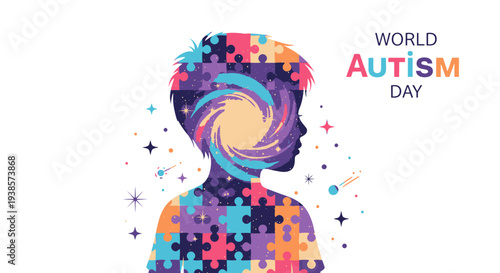 Colorful silhouette of a person with puzzle pieces and stars, World Autism Day awareness.