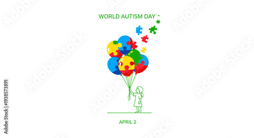 World Autism Day illustration with colorful balloons and puzzle pieces.