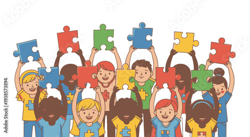 Diverse group of children holding puzzle pieces together.