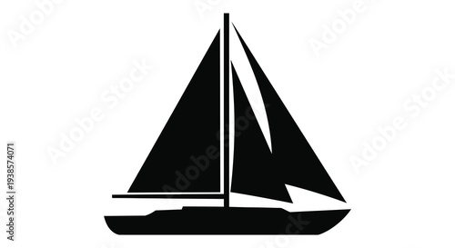 A striking black silhouette of a classic sailboat with sharply angled sails against a plain white background silhouette