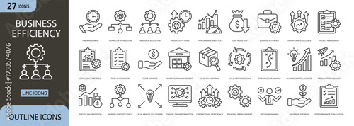 Business efficiency icon set representing productivity improvement, workflow optimization, time management, resource utilization,corporate strategy and operational effectiveness.