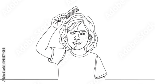Continuous line drawing of a young girl gracefully combing her short hair, capturing a moment of self-care and morning routine with minimalist artistic flair, a simple vector illustration