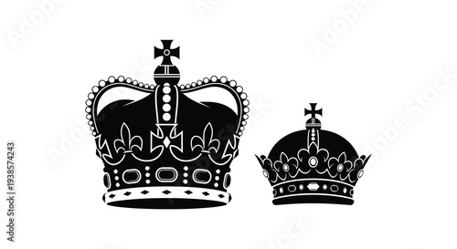 A striking black and white depiction of two royal crowns large and small presented as a silhouette high quality professional detailed