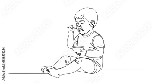 A charming line art illustration capturing a happy baby independently enjoying a nutritious meal with a spoon and bowl, depicting early childhood development and feeding time
