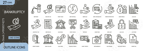 Bankruptcy icon set representing financial failure, debt crisis, insolvency, legal claims, asset liquidation, creditor pressure, economic loss, risk management and business closure concepts.