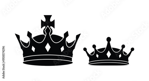 Two ornate royal crowns are depicted in a stark black and white contrast presented as a silhouette high quality professional detailed