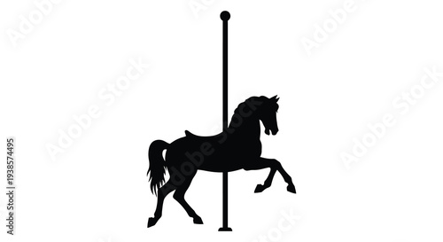 A striking black silhouette of a carousel horse stands prominently against a clean white background silhouette high quality professional