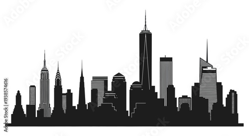 A striking black cityscape showcases the iconic new york skyline featuring prominent skyscrapers and a bold silhouette high quality
