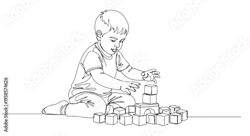 Continuous line art drawing of a focused young child engaging in creative play, meticulously building a tower with wooden blocks, illustrating early childhood development and learning skills