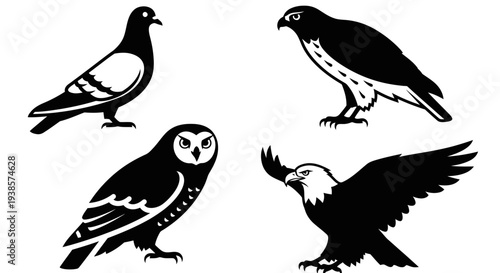 Bird Silhouettes Set: Pigeon, Hawk, Owl, and Eagle Vector Icons