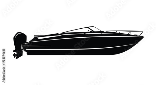 A sleek black silhouette of a motorboat is displayed against a plain white background showcasing its form silhouette