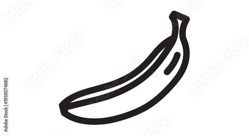 Simple black and white outline vector graphic illustration of a single curved ripe banana fruit