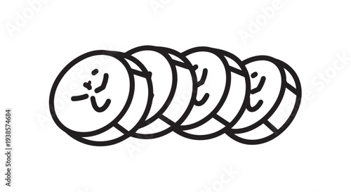 Simple black and white vector graphic illustration of overlapping banana slices with cute faces