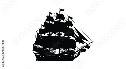 A striking black silhouette depicts a vintage sailing ship with masts and flags evoking a nautical theme silhouette