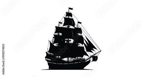 A striking black silhouette of a vintage sailing ship with detailed masts and flags evoking nautical history silhouette