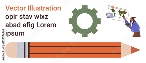 Education, global learning, presentations, infographics, study tools, creative design. Features large pencil, gear symbol person presenting a map on a screen. Education and global learning concept