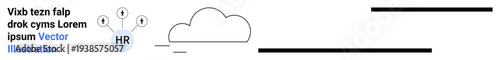 Human resources, cloud computing, workflow management, business innovation, digital solutions, teamwork. Cloud connected to question marks and HR symbol. Human resources and workflow management