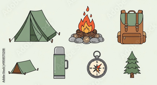 Camping Gear Collection With Tent Fire Backpack Thermos Compass Tree.