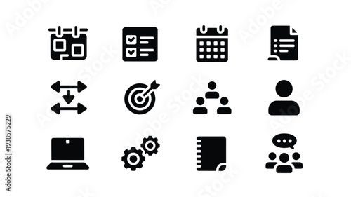 Collection of minimalist black business icons for productivity and organization on white background