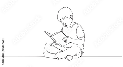 Continuous line drawing of a young boy sitting cross-legged and engrossed in reading a book on a plain background, symbolizing childhood education and imagination