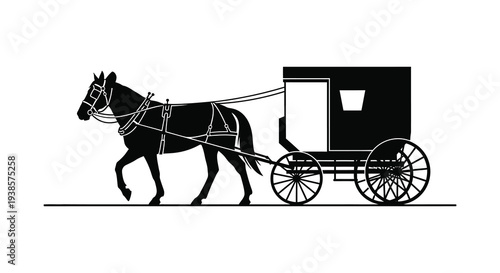 A striking black silhouette depicts a horse drawn carriage showcasing a vintage mode of transport silhouette high quality professional detailed