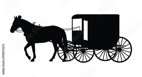 A striking black silhouette depicts a horse and carriage traveling along evoking a sense of vintage nostalgia silhouette
