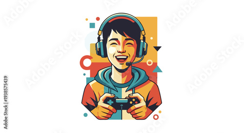 Young person playing video games with headset controller vector illustration