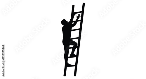 A black silhouette of a person climbing a tall ladder against a plain white background silhouette high quality professional